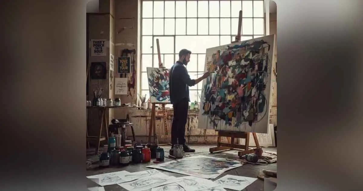 Artist painting on large canvas with expressive brushstrokes in a sunlit studio