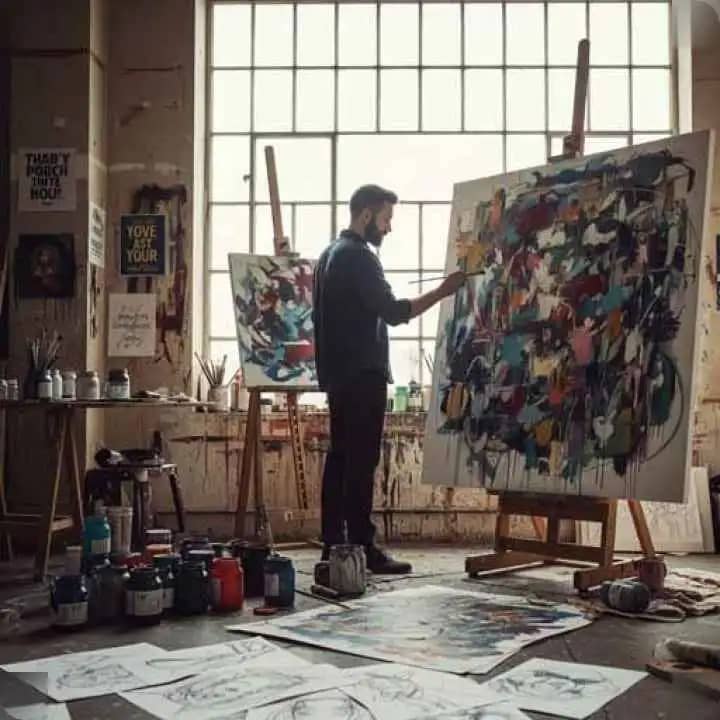 Artist painting on large canvas with expressive brushstrokes in a sunlit studio
