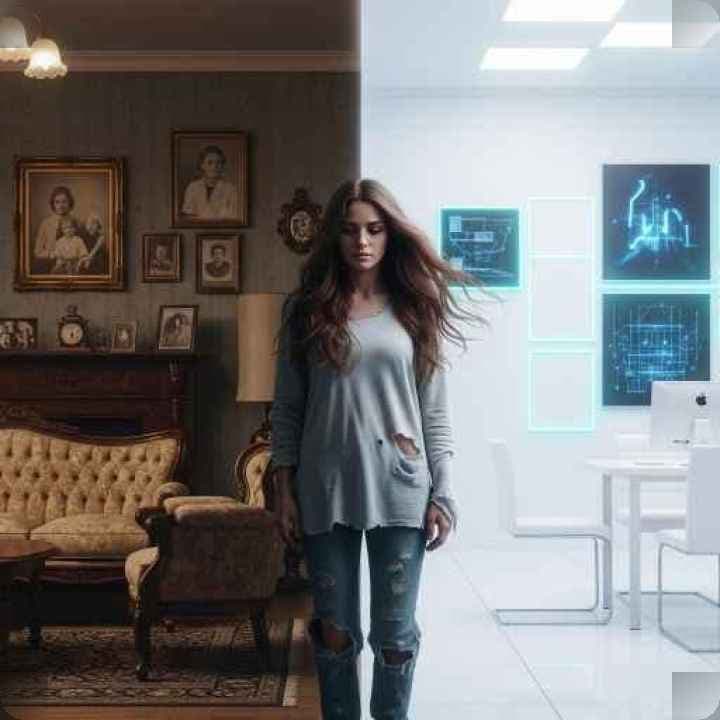 A person torn between tradition and modern identity, standing at a cultural crossroads