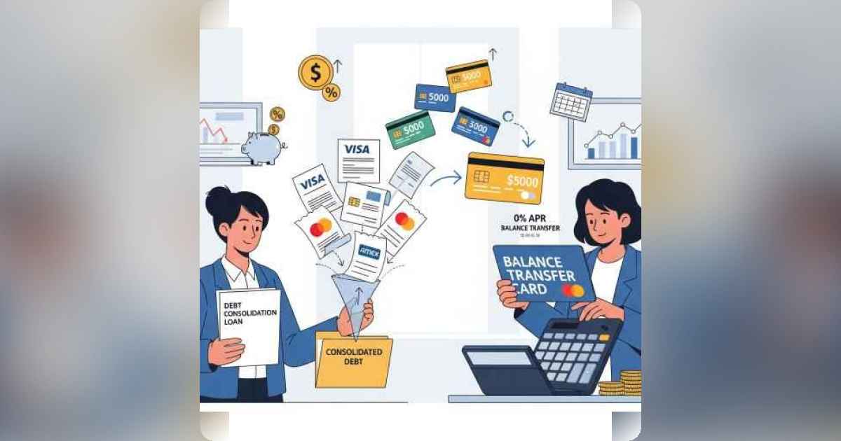 Person managing multiple credit cards and bills with a clear path ahead symbolizing financial control.