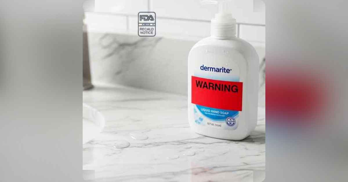 Dermarite hand soap bottle with a red recall warning label