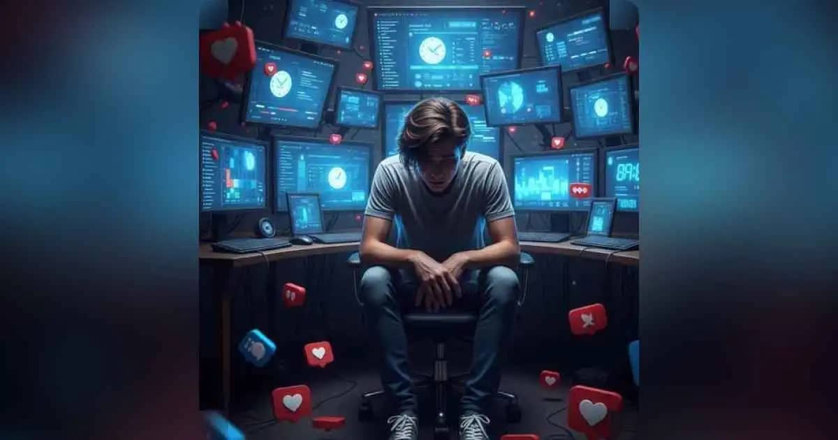 Person staring at multiple screens looking overwhelmed by digital content