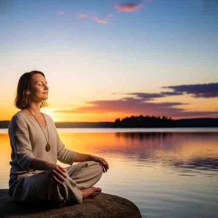 Woman practicing digital detox meditation in nature for stress relief and deep healing