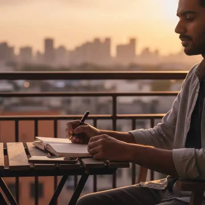 Person journaling during a digital detox at sunset
