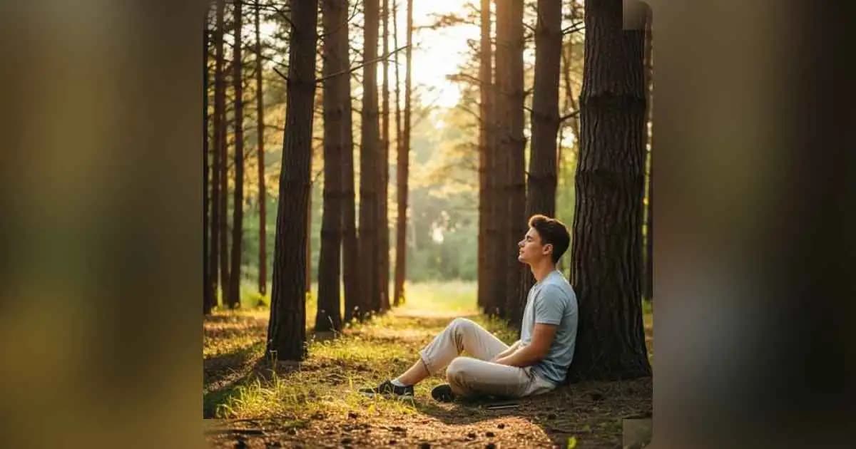 A young person sitting peacefully in nature after a digital detox, surrounded by greenery and sunlight