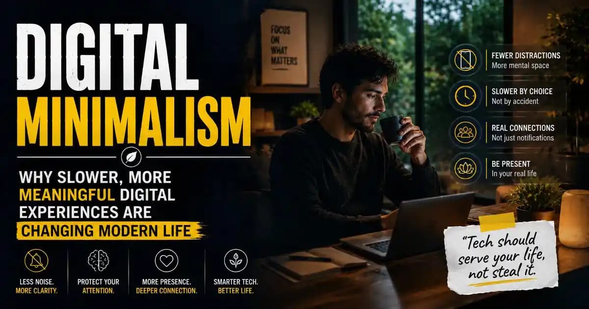 An adult sitting peacefully with a laptop and coffee in a calm minimalist room while avoiding the chaos of nonstop digital notifications and online overstimulation