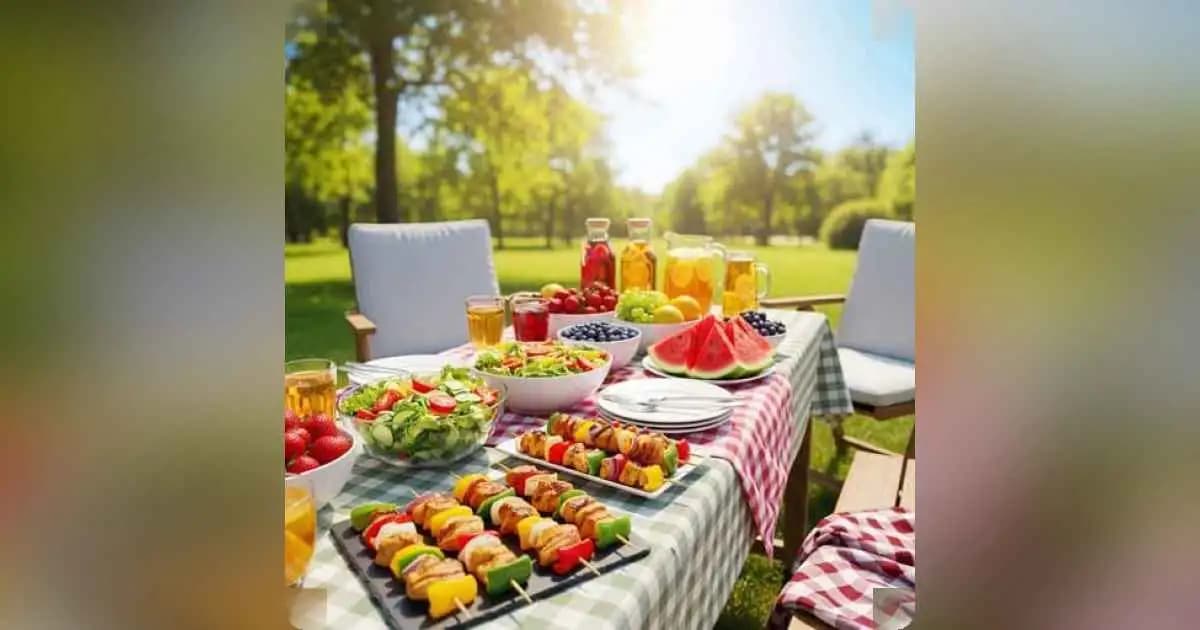 Fresh summer salad with colorful vegetables and grilled chicken skewers on a picnic table