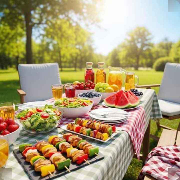 Fresh summer salad with colorful vegetables and grilled chicken skewers on a picnic table