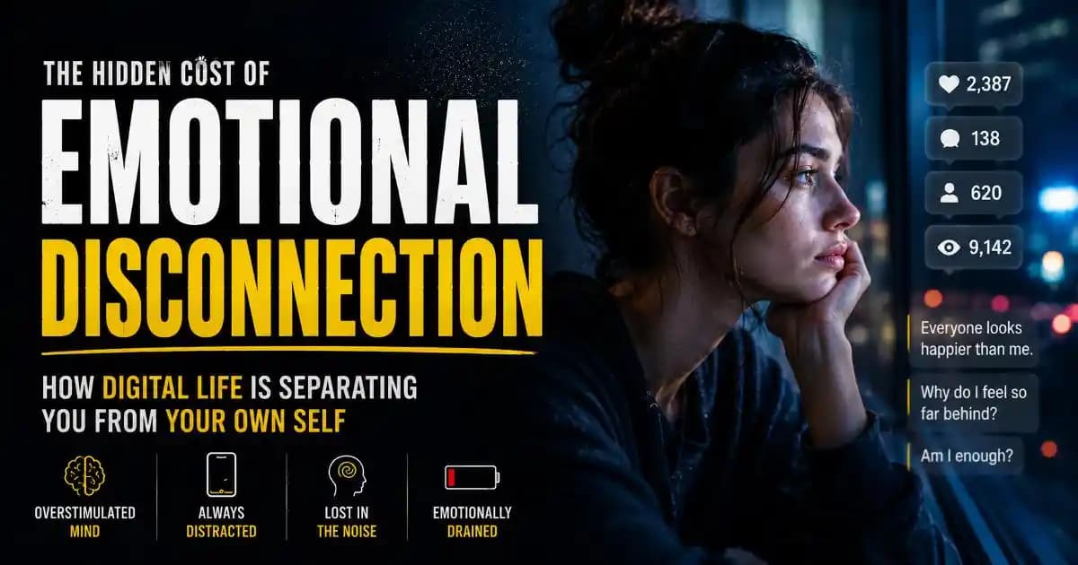 An emotionally distant adult sitting alone at night staring blankly at a glowing smartphone while surrounded by blurred digital notifications and online content