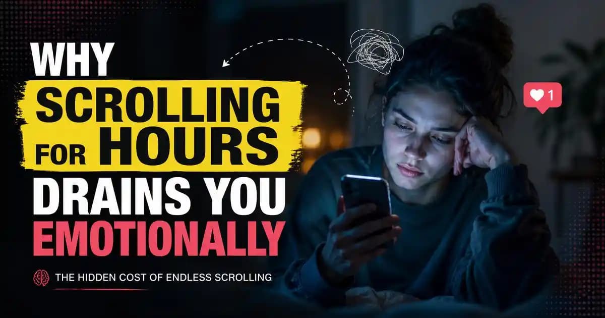 A mentally exhausted young adult lying on a couch at night while endlessly scrolling social media on a glowing smartphone in a dark room