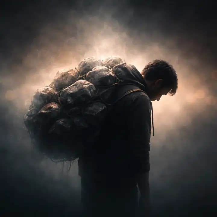 Person standing still while carrying invisible emotional weight