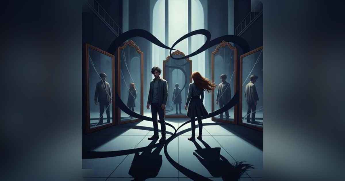 A couple standing apart, shadows intertwining like past emotional patterns