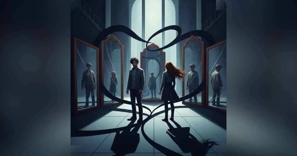 A couple standing apart, shadows intertwining like past emotional patterns