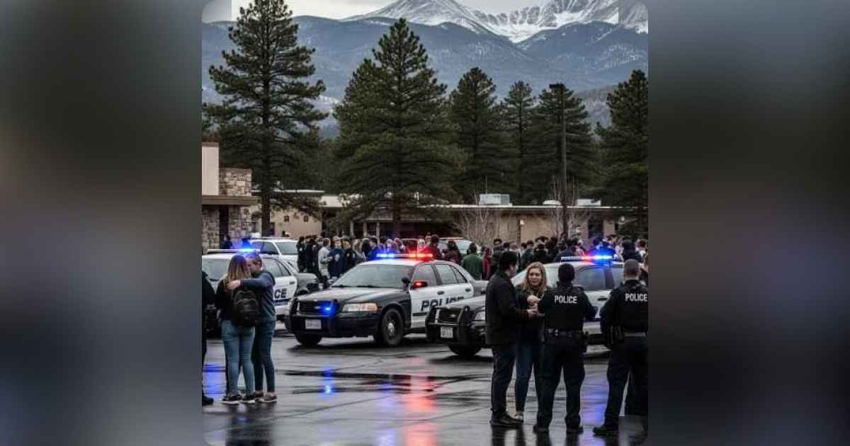 Voitures de police devant Evergreen High School après la fusillade au Colorado