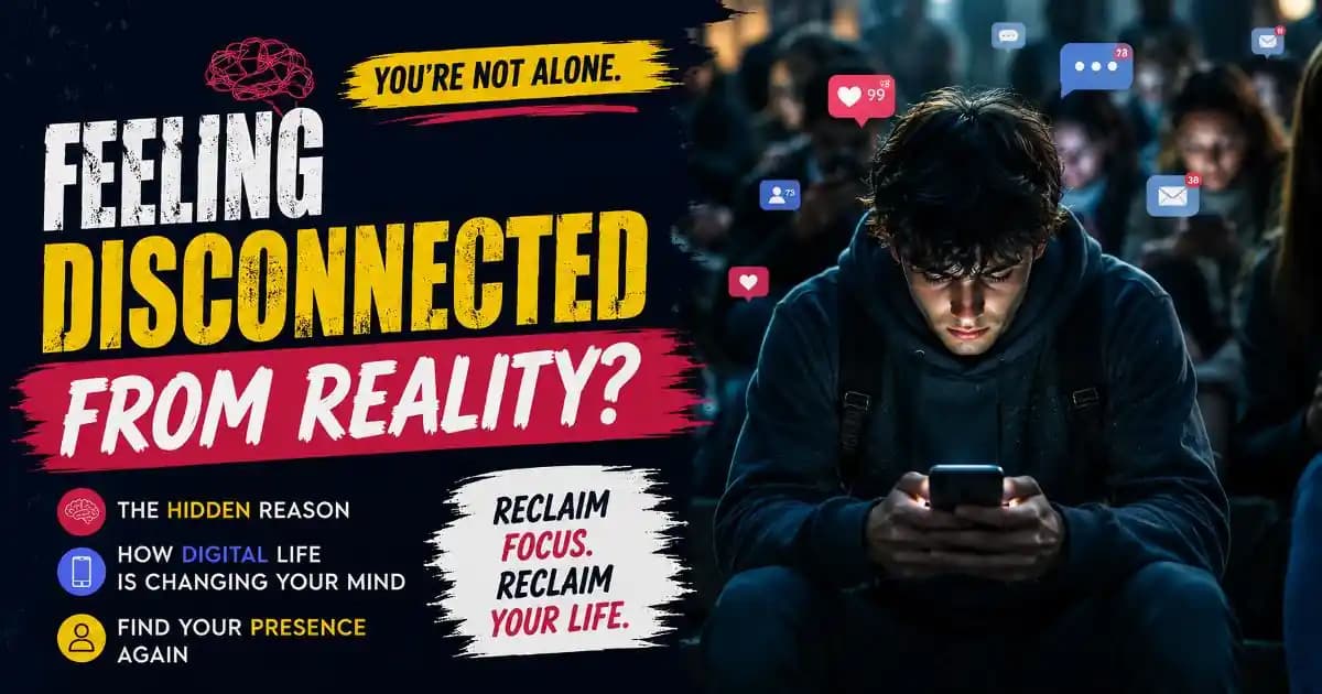 Young adult sitting quietly in a crowded digital environment while feeling emotionally disconnected from reality