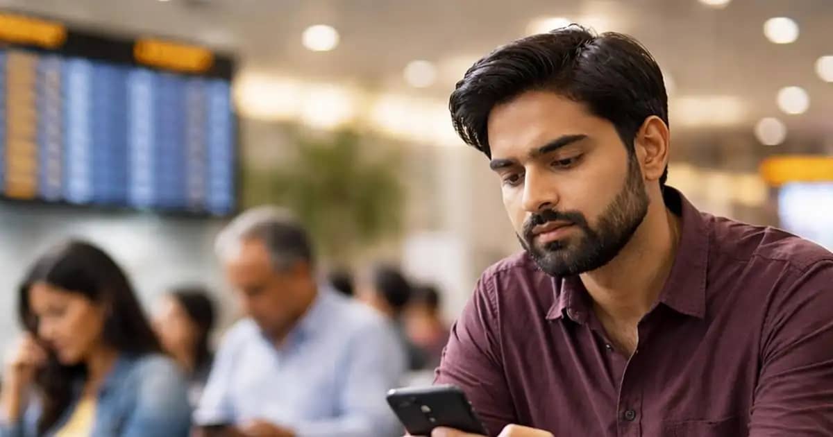Passengers checking flight delay updates at Indian airport