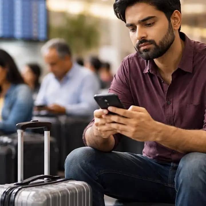 एयरपोर्ट पर फ्लाइट देरी की जानकारी देखते यात्री
