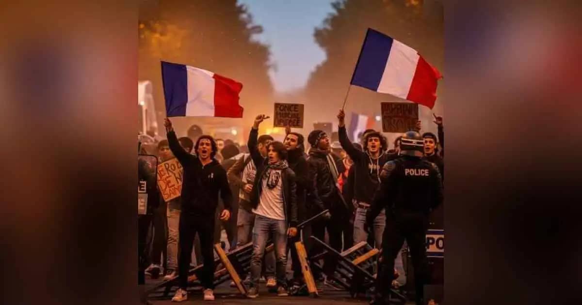 Far-right protest in France, French flag, police barricades, angry crowds