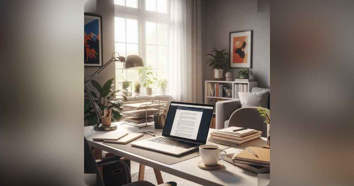 Freelancer workspace with laptop, notebook, coffee and motivational notes