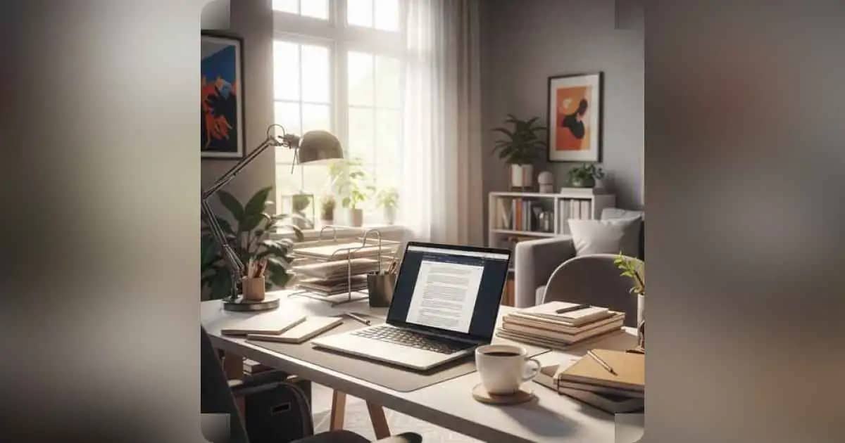 एक फ्रीलांसर का काम करने वाला कोना जिसमें लैपटॉप, कॉफी और प्लानिंग नोट्स हों