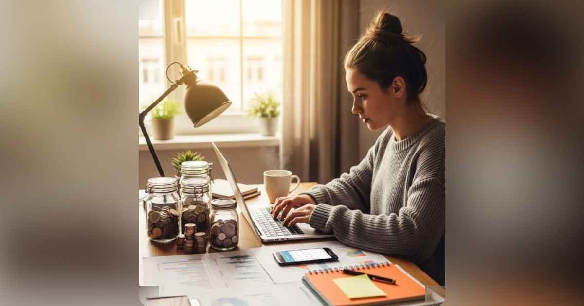 A freelancer working on a laptop, with charts and savings jars around them.
