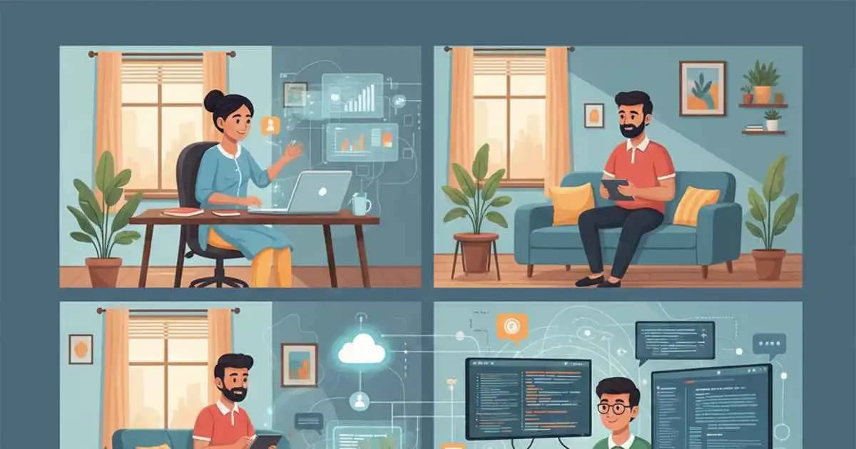 Indian professionals working remotely on laptops in a modern digital workspace