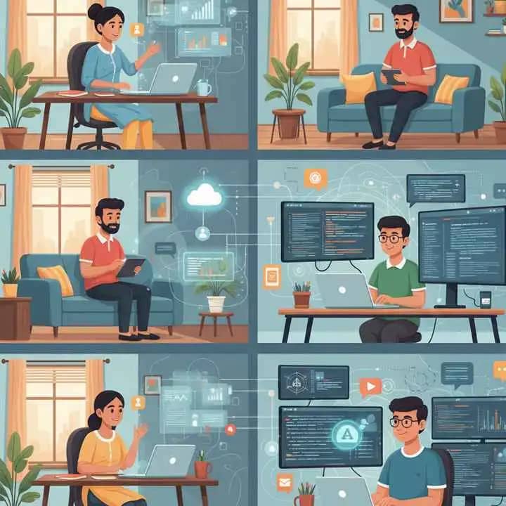 Indian professionals working remotely on laptops in a modern digital workspace