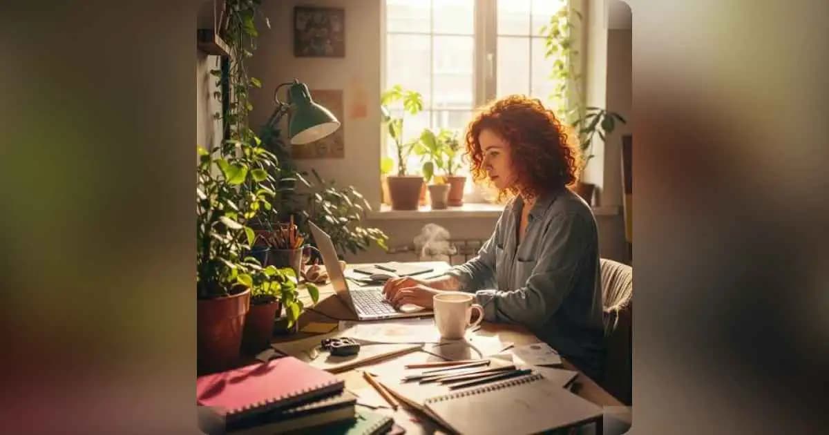 Freelancer working from a cozy home studio, surrounded by creativity and freedom