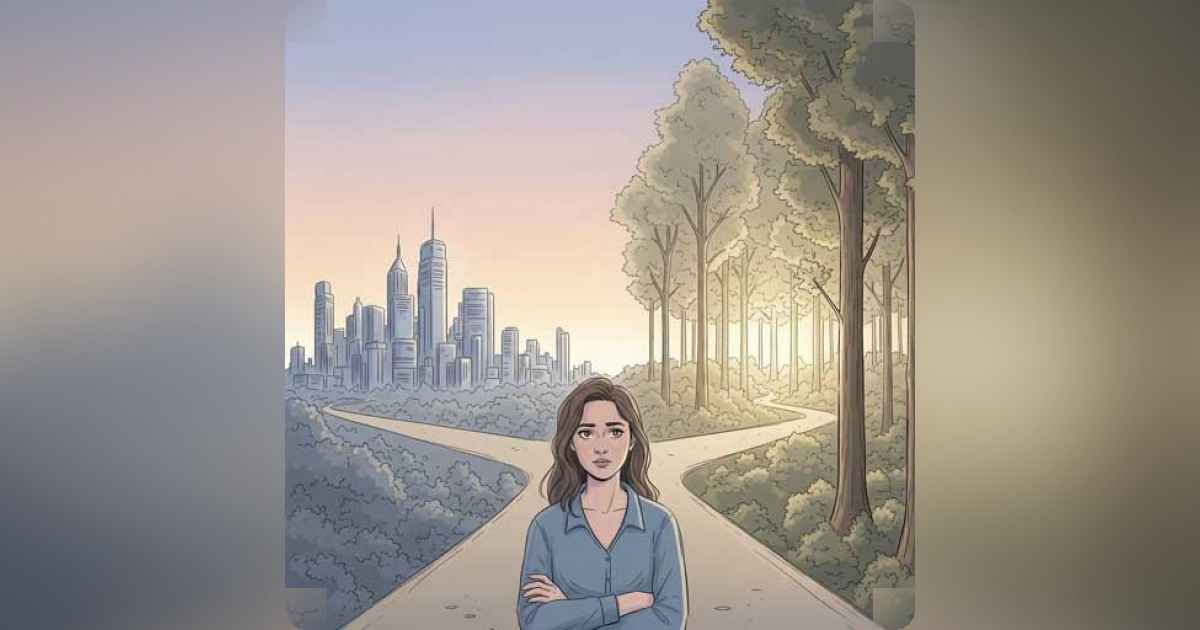 A person choosing between career success and inner clarity at a crossroads.
