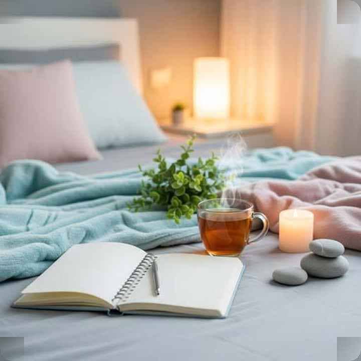 مشهد شفاء مع مجلة وشاي وأجواء مريحة