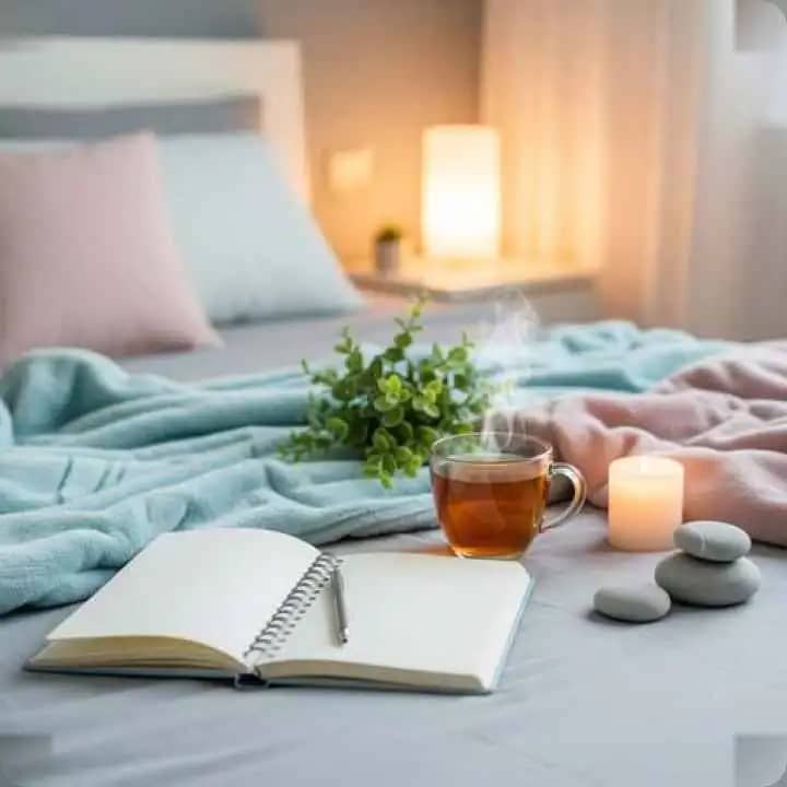 जर्नल, चाय और आरामदायक वातावरण के साथ उपचारात्मक दृश्य