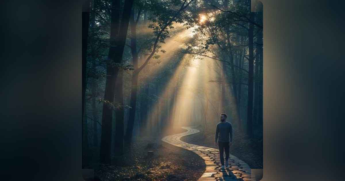 A person walking on a foggy path that gradually becomes clear and sunlit