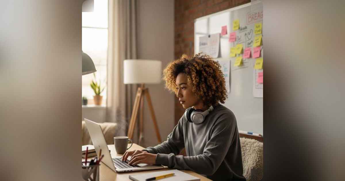 Freelancer working from home with laptop, coffee, and notepad.