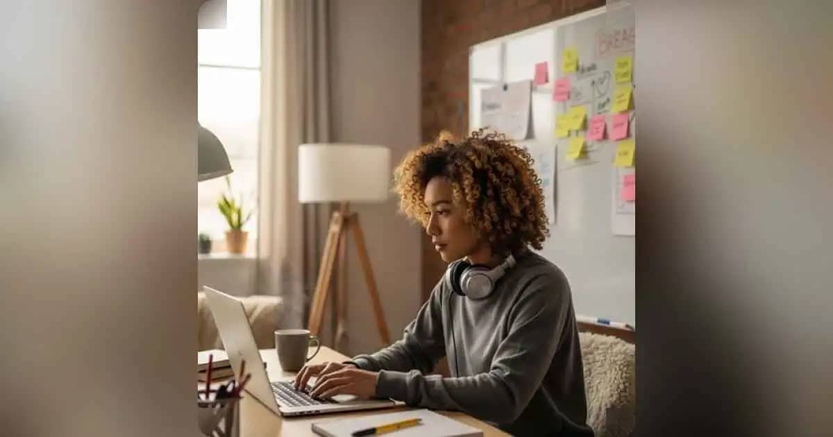 Freelancer working from home with laptop, coffee, and notepad.