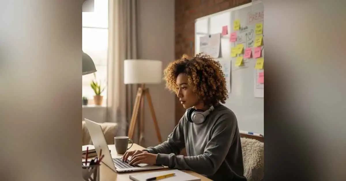 Freelancer working from home with laptop, coffee, and notepad.