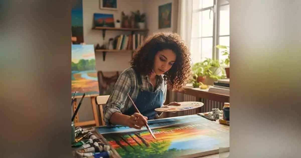 Person engaged in a creative passion project in a cozy, inspiring workspace.