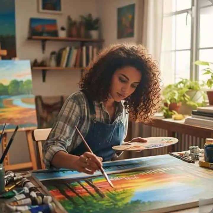 Person engaged in a creative passion project in a cozy, inspiring workspace.