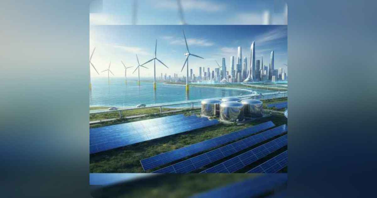 Futuristic renewable energy landscape with solar panels, wind turbines, and smart city 2030