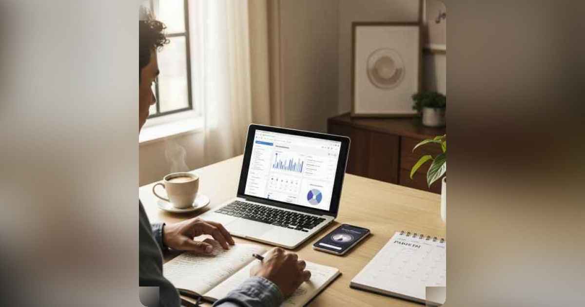 Entrepreneur using productivity tools with a calm and focused mind