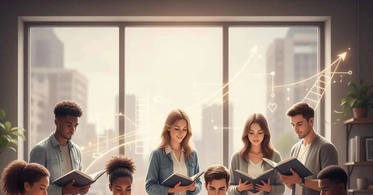 Young professionals reading and collaborating in a modern office setting