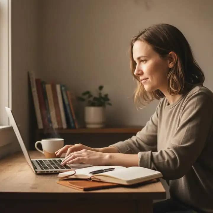 Person writing an article on a laptop at home and earning online