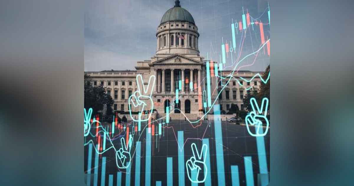 Stock market graph overlayed with peace hands and central bank building