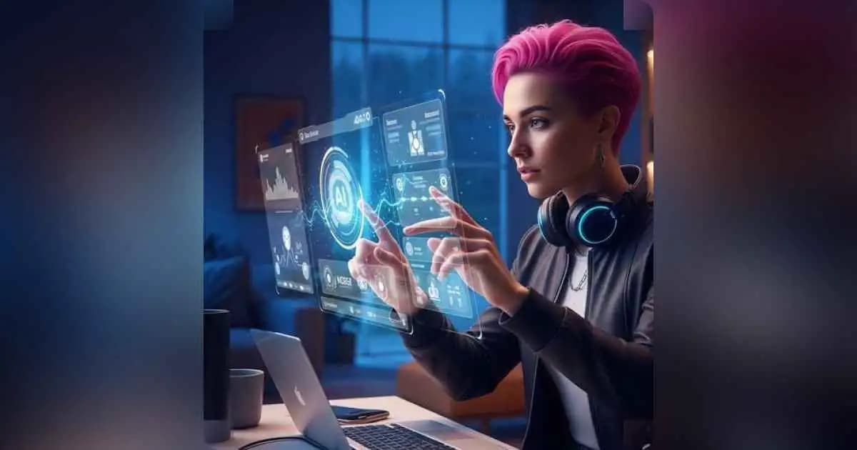 Person interacting with holographic AI interface