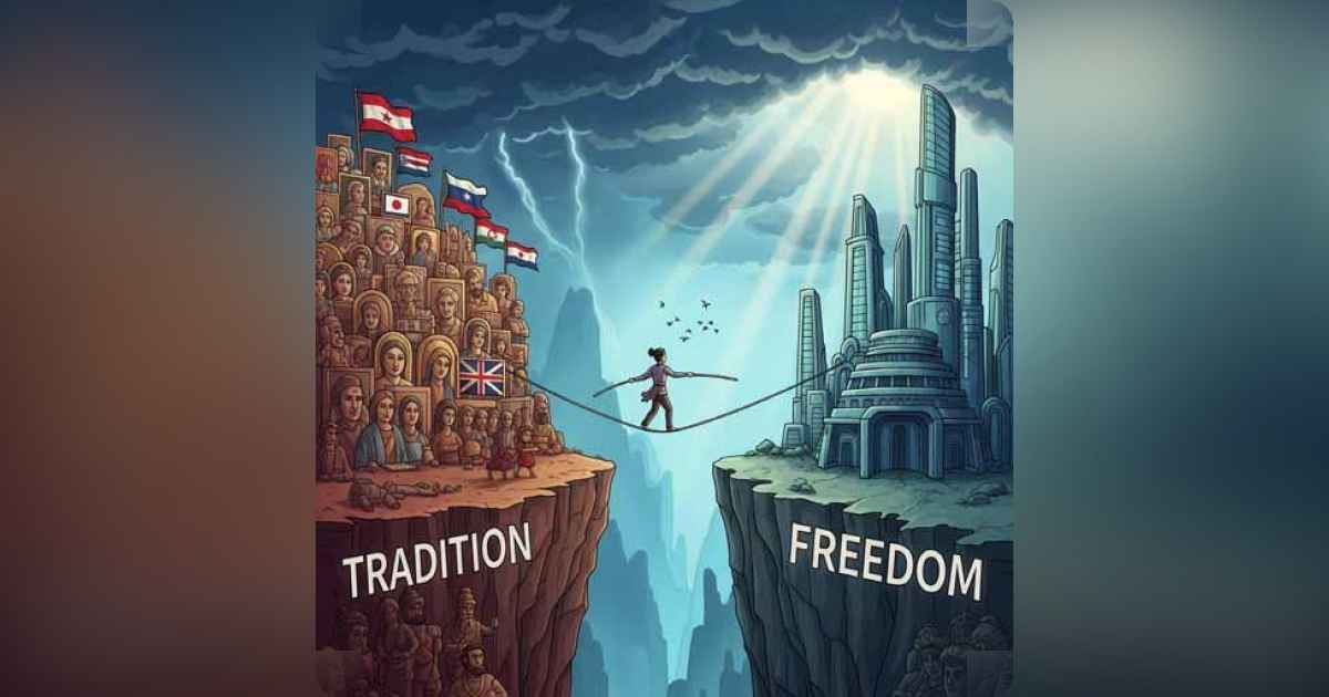 A person walking a tightrope between tradition and personal identity, symbolizing cultural pressure.