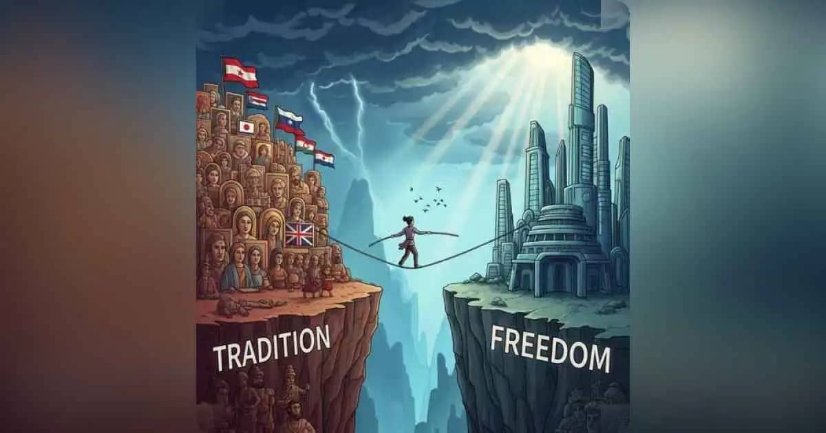 एक व्यक्ति रस्सी पर चलते हुए, एक ओर परंपरा और दूसरी ओर स्वतंत्रता के बीच झूलता हुआ।