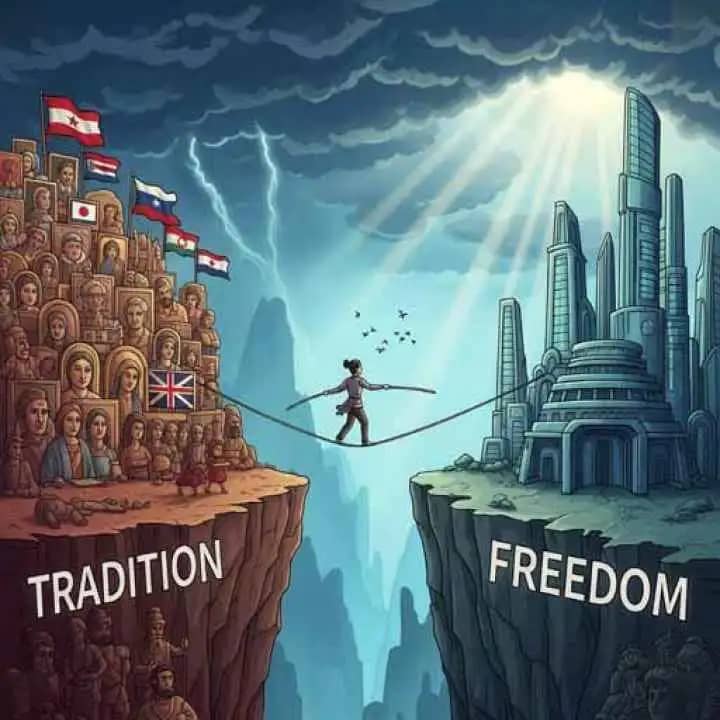 A person walking a tightrope between tradition and personal identity, symbolizing cultural pressure.