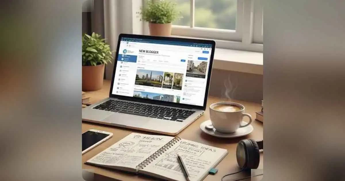 Laptop with blog content and coffee mug on desk
