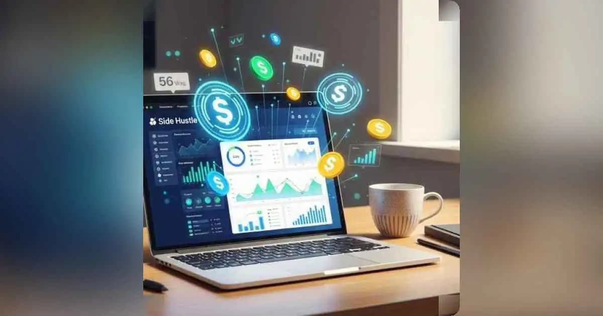 Laptop showing side hustle website dashboard with charts and money icons