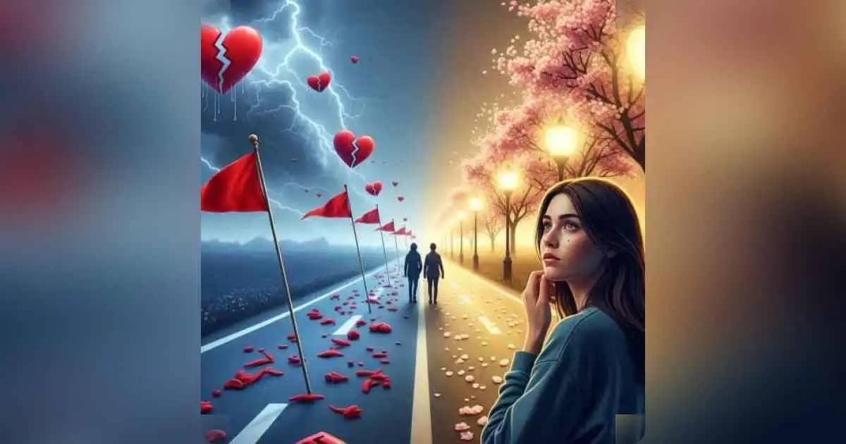 एक व्यक्ति दो रास्तों के बीच खड़ा है - एक अंधकारमय और दूसरा शांतिपूर्ण