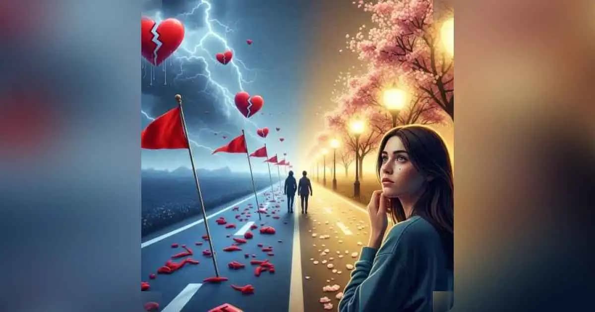 A person standing at a crossroads choosing between a chaotic path and a peaceful one